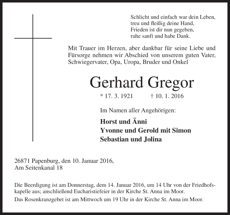  Traueranzeige für Gerhard Gregor vom 12.01.2016 aus Neue Osnabrücker Zeitung GmbH & Co. KG