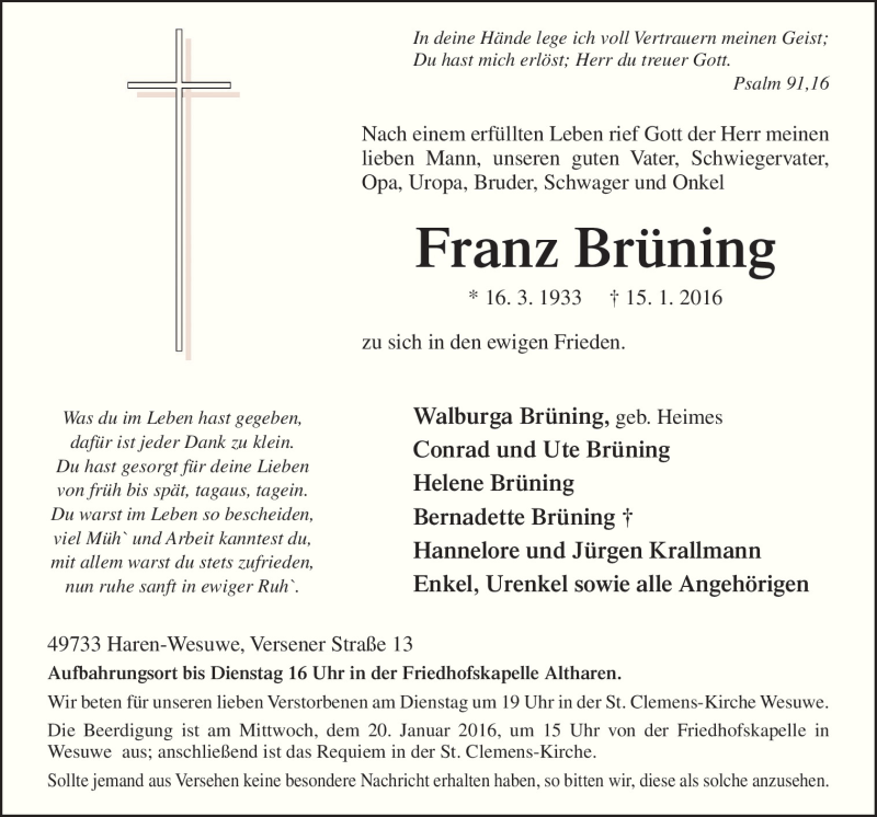  Traueranzeige für Franz Brünning vom 18.01.2016 aus Neue Osnabrücker Zeitung GmbH & Co. KG