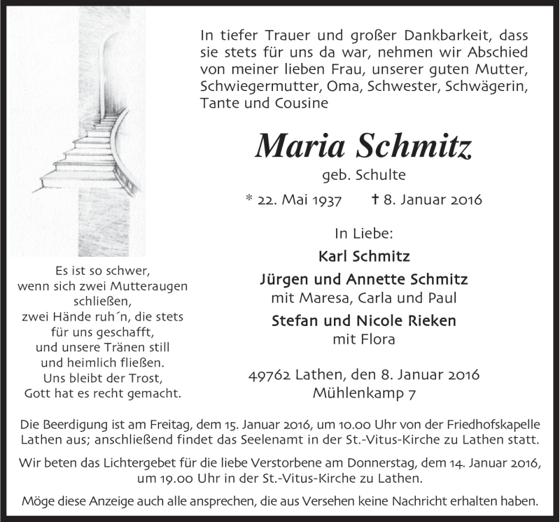  Traueranzeige für Maria Schmitz vom 11.01.2016 aus Neue Osnabrücker Zeitung GmbH & Co. KG