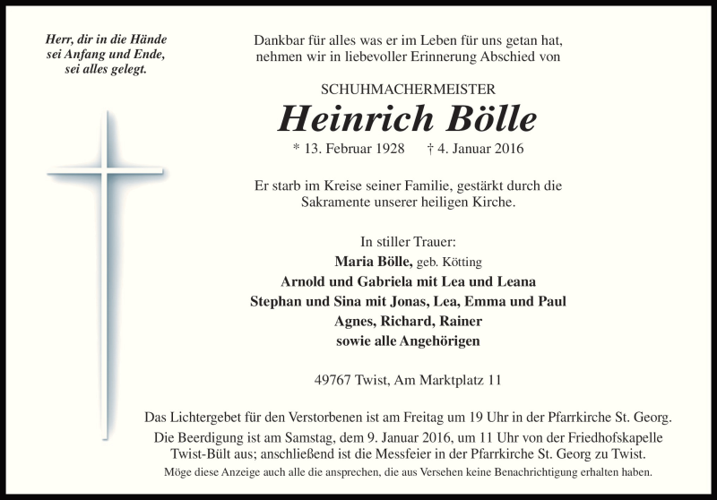  Traueranzeige für Heinrich Bölle vom 06.01.2016 aus Neue Osnabrücker Zeitung GmbH & Co. KG