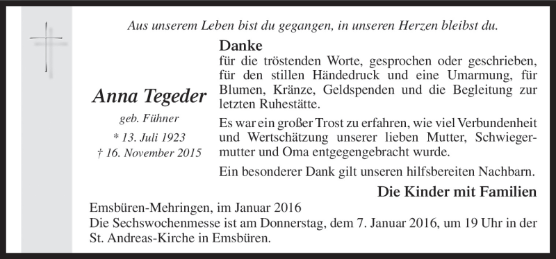  Traueranzeige für Anna Tegeder vom 04.01.2016 aus Neue Osnabrücker Zeitung GmbH & Co. KG