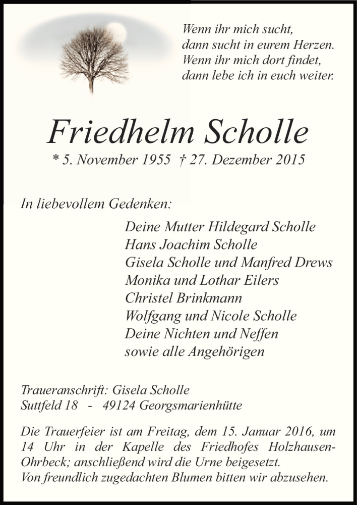  Traueranzeige für Friedhelm Scholle vom 09.01.2016 aus Neue Osnabrücker Zeitung GmbH & Co. KG
