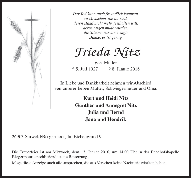  Traueranzeige für Frieda Nitz vom 11.01.2016 aus Neue Osnabrücker Zeitung GmbH & Co. KG