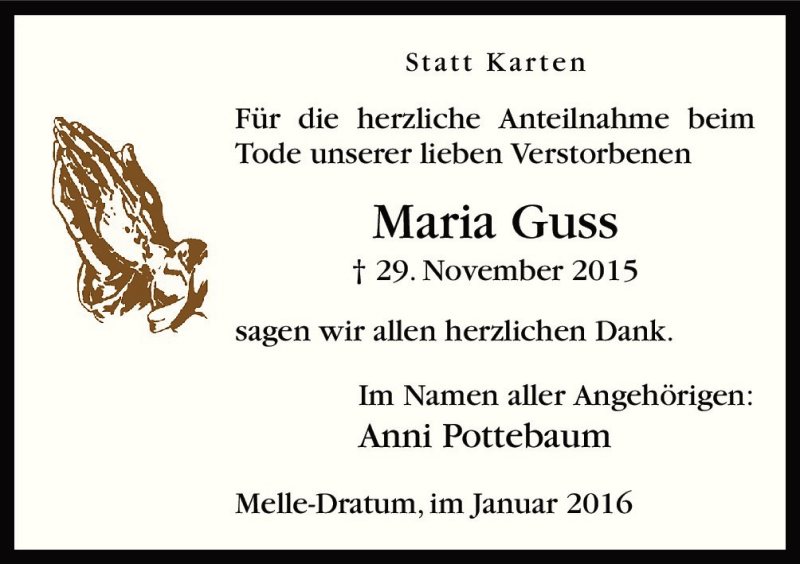  Traueranzeige für Maria Guss vom 16.01.2016 aus Neue Osnabrücker Zeitung GmbH & Co. KG
