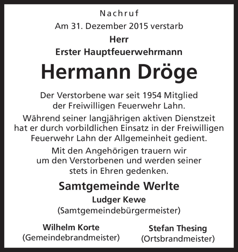  Traueranzeige für Hermann Dröge vom 06.01.2016 aus Neue Osnabrücker Zeitung GmbH & Co. KG