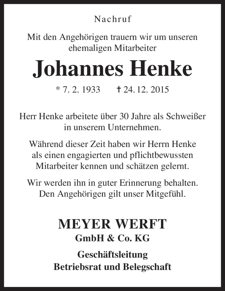  Traueranzeige für Johannes Henke vom 08.01.2016 aus Neue Osnabrücker Zeitung GmbH & Co. KG