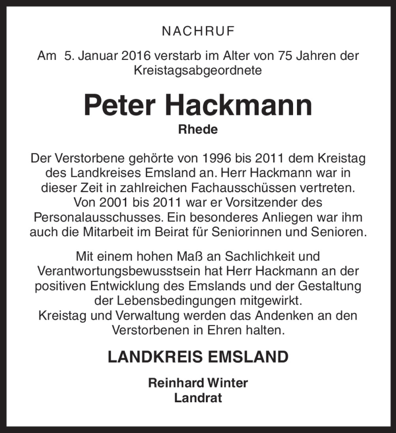  Traueranzeige für Peter Hackmann vom 09.01.2016 aus Neue Osnabrücker Zeitung GmbH & Co. KG