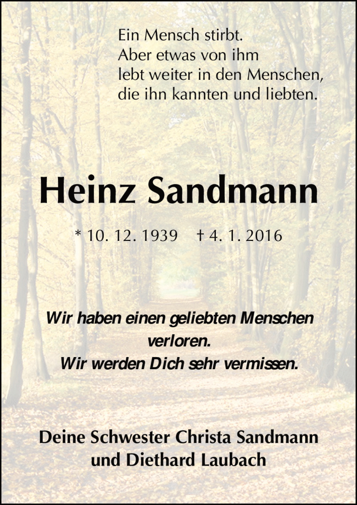  Traueranzeige für Heinz Sandmann vom 07.01.2016 aus Neue Osnabrücker Zeitung GmbH & Co. KG