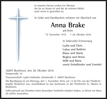 Traueranzeige von Anna Brake von Neue Osnabrücker Zeitung GmbH & Co. KG