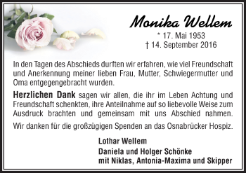 Traueranzeige von Monika Wellem von Neue Osnabrücker Zeitung GmbH & Co. KG