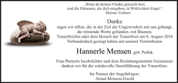 Traueranzeige von Hannerle Mensen von Neue Osnabrücker Zeitung GmbH & Co. KG