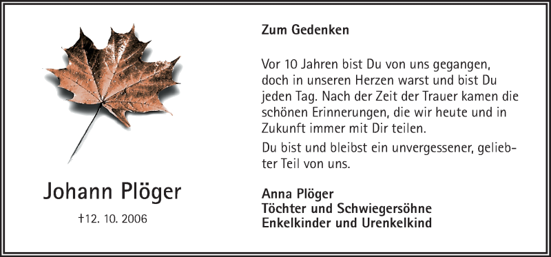  Traueranzeige für Johann Plöger vom 12.10.2016 aus Neue Osnabrücker Zeitung GmbH & Co. KG