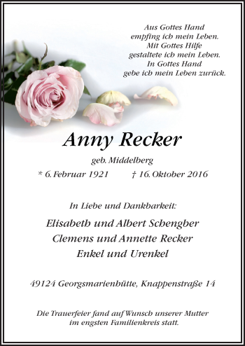 Traueranzeige von Anny Recker von Neue Osnabrücker Zeitung GmbH & Co. KG