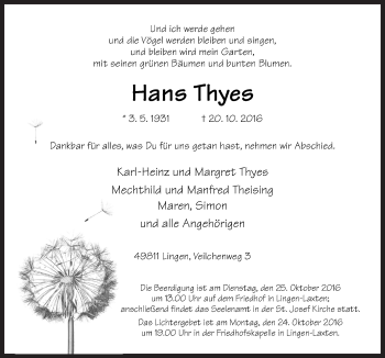 Traueranzeige von Hans Thyes von Neue Osnabrücker Zeitung GmbH & Co. KG