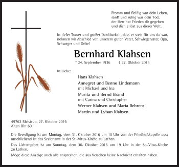 Traueranzeige von Bernhard Klahsen von Neue Osnabrücker Zeitung GmbH & Co. KG