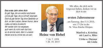 Traueranzeige von Heinz von Hebel von Neue Osnabrücker Zeitung GmbH & Co. KG