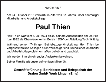 Traueranzeige von Paul Thien von Neue Osnabrücker Zeitung GmbH & Co. KG