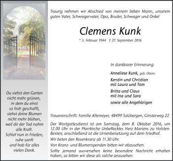 Traueranzeige von Clemens Kunk von Neue Osnabrücker Zeitung GmbH & Co. KG