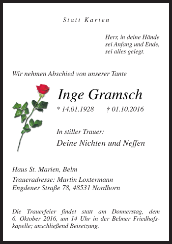 Traueranzeige von Inge Gramsch von Neue Osnabrücker Zeitung GmbH & Co. KG