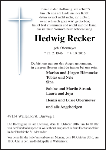 Traueranzeige von Hedwig Recker von Neue Osnabrücker Zeitung GmbH & Co. KG