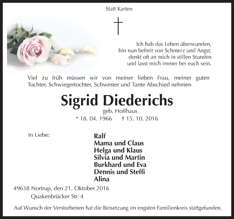 Traueranzeige für Sigrid Diederichs vom 22.10.2016 aus Neue Osnabrücker Zeitung GmbH & Co. KG