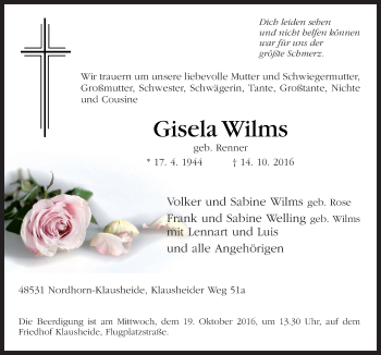 Traueranzeige von Gisela Wilms von Neue Osnabrücker Zeitung GmbH & Co. KG