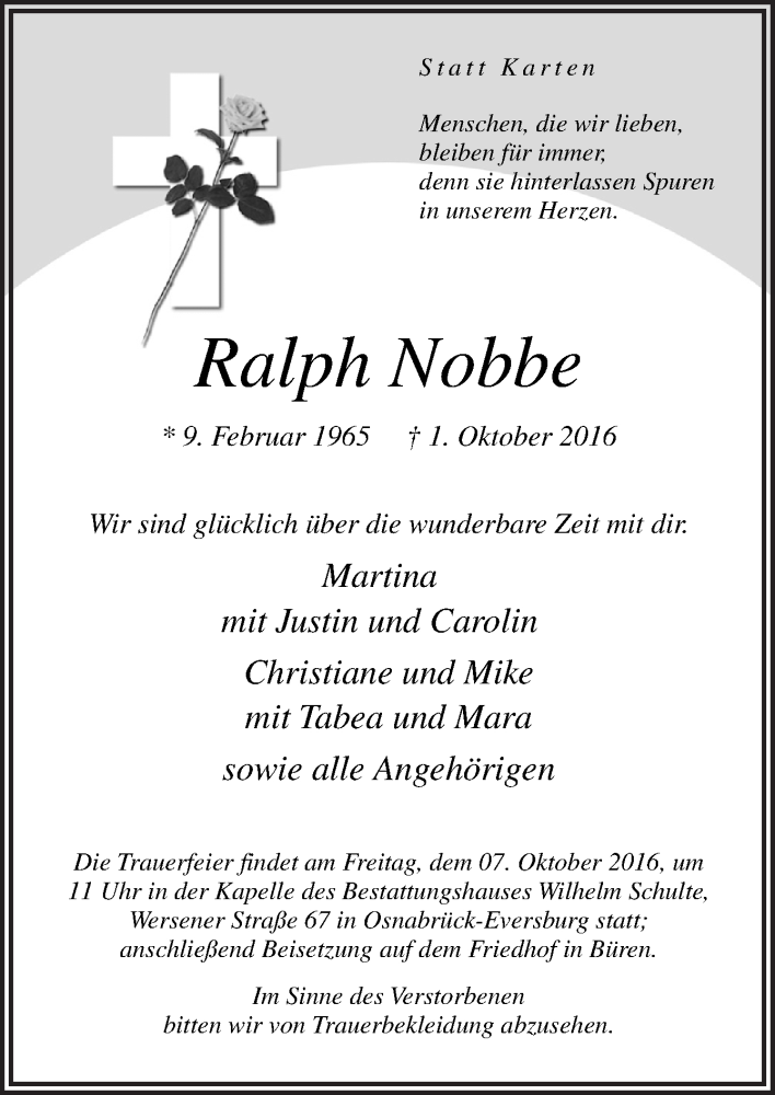  Traueranzeige für Ralph Nobbe vom 05.10.2016 aus Neue Osnabrücker Zeitung GmbH & Co. KG