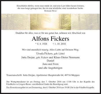 Traueranzeige von Alfons Fickers von Neue Osnabrücker Zeitung GmbH & Co. KG