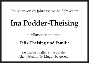Traueranzeige von Ina Podder-Theising von Neue Osnabrücker Zeitung GmbH & Co. KG