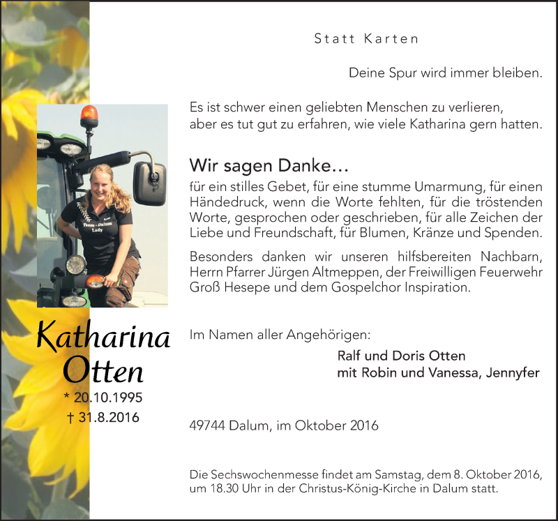  Traueranzeige für Katharina Otten vom 05.10.2016 aus Neue Osnabrücker Zeitung GmbH & Co. KG