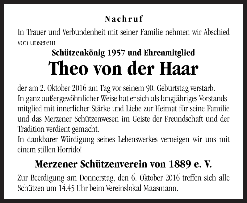  Traueranzeige für Theo von der Haar vom 05.10.2016 aus Neue Osnabrücker Zeitung GmbH & Co. KG