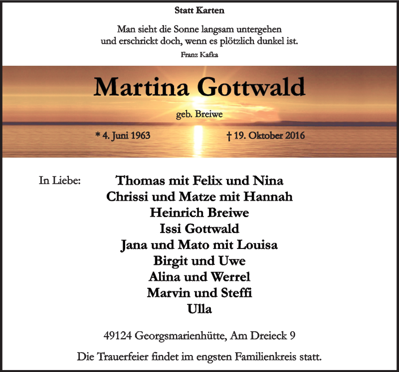  Traueranzeige für Martina Gottwald vom 22.10.2016 aus Neue Osnabrücker Zeitung GmbH & Co. KG