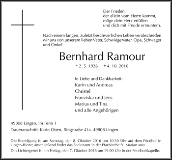 Traueranzeige von Bernhard Ramour von Neue Osnabrücker Zeitung GmbH & Co. KG