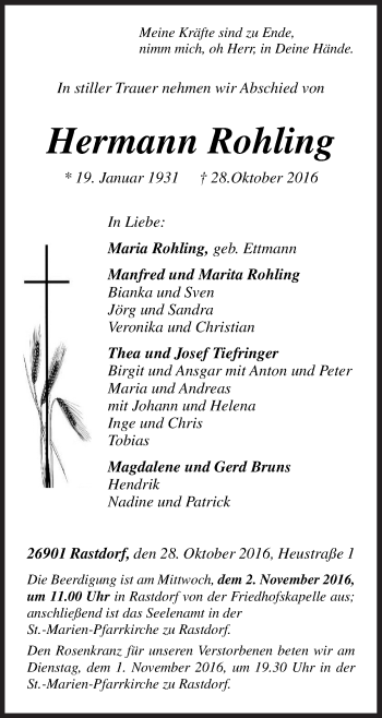 Traueranzeige von Hermann Rohling von Neue Osnabrücker Zeitung GmbH & Co. KG