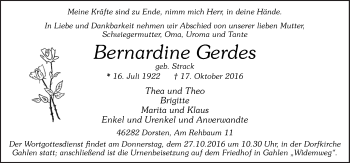 Traueranzeige von Bernardine Gerdes von Neue Osnabrücker Zeitung GmbH & Co. KG