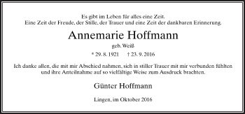 Traueranzeige von Annemarie Hoffmann von Neue Osnabrücker Zeitung GmbH & Co. KG