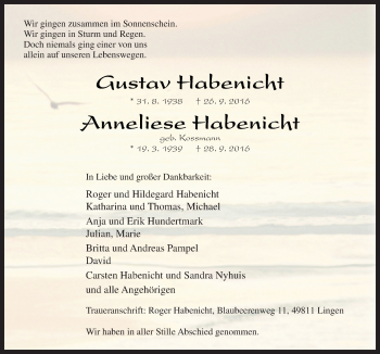 Traueranzeige von Gustav und Amelie Habenicht von Neue Osnabrücker Zeitung GmbH & Co. KG