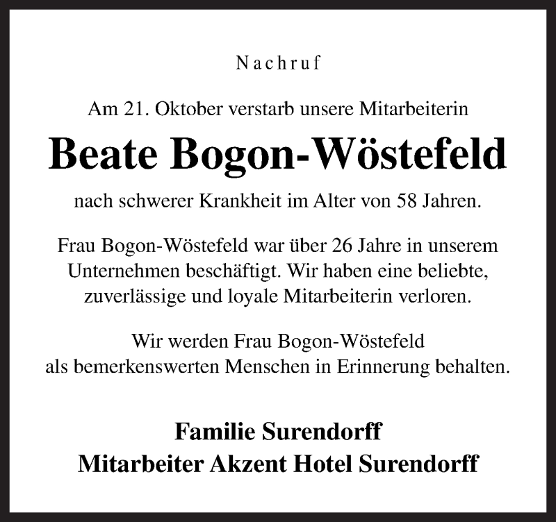  Traueranzeige für Beate Bogon-Wöstefeld vom 29.10.2016 aus Neue Osnabrücker Zeitung GmbH & Co. KG