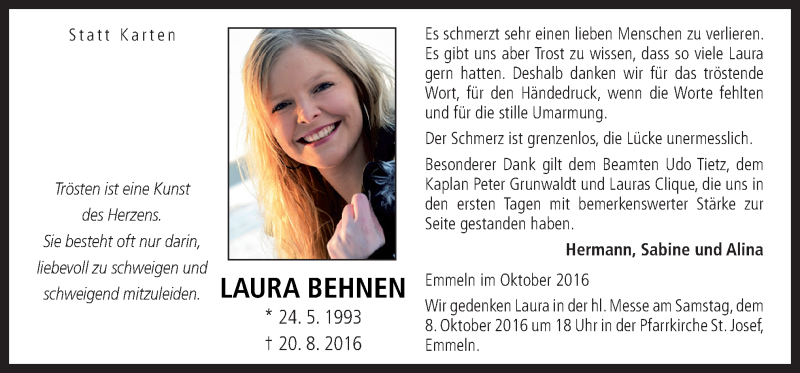  Traueranzeige für Laura Behnen vom 04.10.2016 aus Neue Osnabrücker Zeitung GmbH & Co. KG