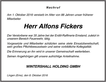 Traueranzeige von Alfons Fickers von Neue Osnabrücker Zeitung GmbH & Co. KG