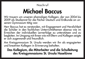 Traueranzeige von Michael Baccus von Neue Osnabrücker Zeitung GmbH & Co. KG