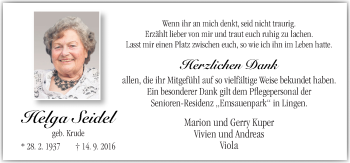 Traueranzeige von Helga Seidel von Neue Osnabrücker Zeitung GmbH & Co. KG