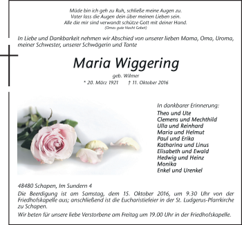 Traueranzeige von Maria Wiggering von Neue Osnabrücker Zeitung GmbH & Co. KG