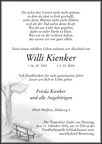 Traueranzeige von Willi Kienker von Neue Osnabrücker Zeitung GmbH & Co. KG