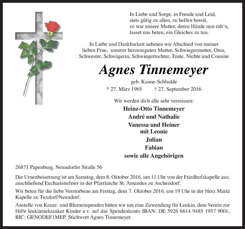  Traueranzeige für Agnes Tinnemeyer vom 05.10.2016 aus Neue Osnabrücker Zeitung GmbH & Co. KG