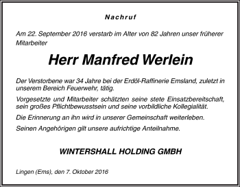Traueranzeige von Manfred Werlein von Neue Osnabrücker Zeitung GmbH & Co. KG