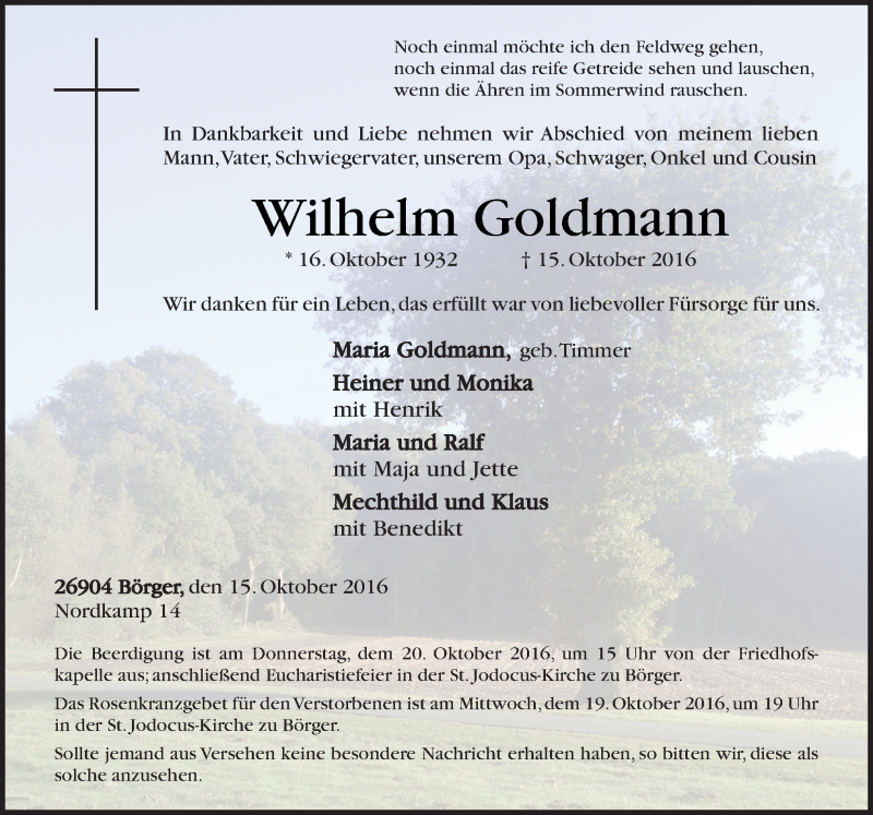  Traueranzeige für Wilhelm Goldmann vom 18.10.2016 aus Neue Osnabrücker Zeitung GmbH & Co. KG