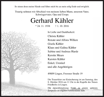 Traueranzeige von Gerhard Kähler von Neue Osnabrücker Zeitung GmbH & Co. KG