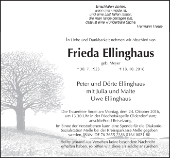 Traueranzeige von Frieda Ellinghaus von Neue Osnabrücker Zeitung GmbH & Co. KG