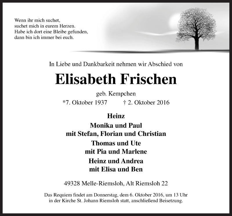  Traueranzeige für Elisabeth Frischen vom 04.10.2016 aus Neue Osnabrücker Zeitung GmbH & Co. KG